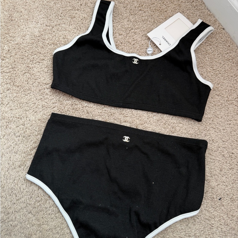 CHANEL Black & White Ribbed Two-Piece Swim Set with CC Hardware